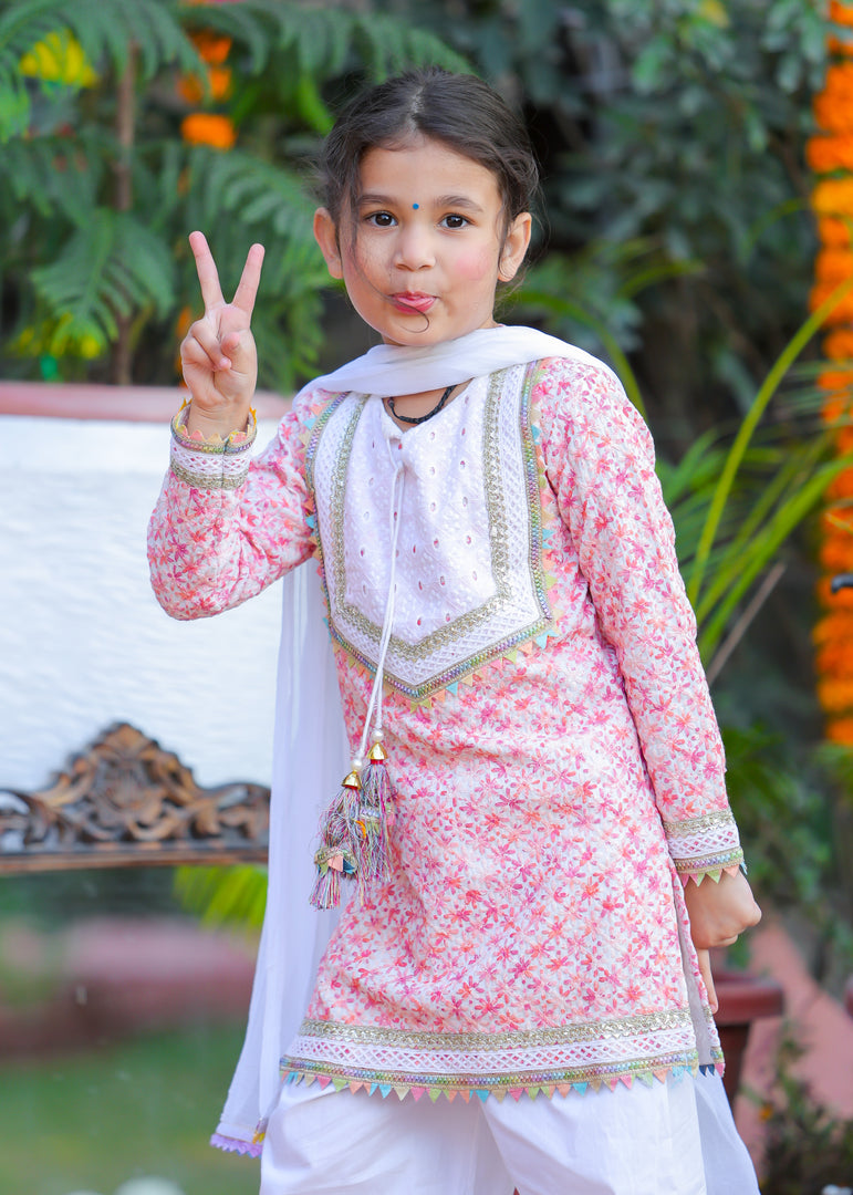 Girls Pink Chikankari Kurta & Salwar Set - CuddlesClothing