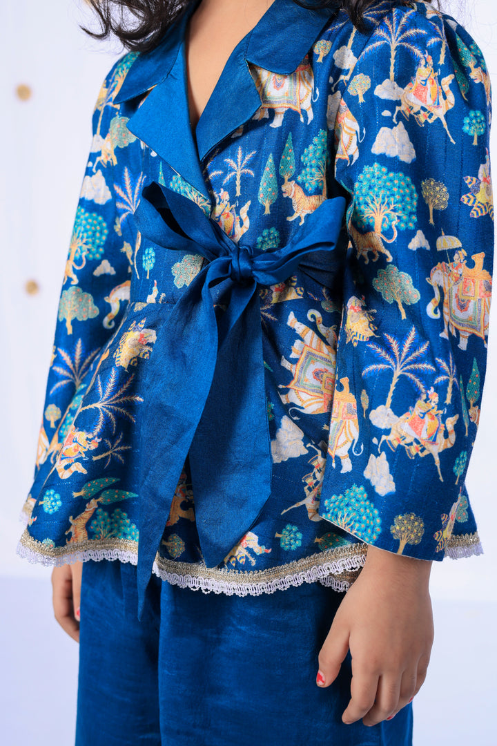 Girls Royal Blue Heritage Print Peplum Top and Palazzo Set - CuddlesClothing