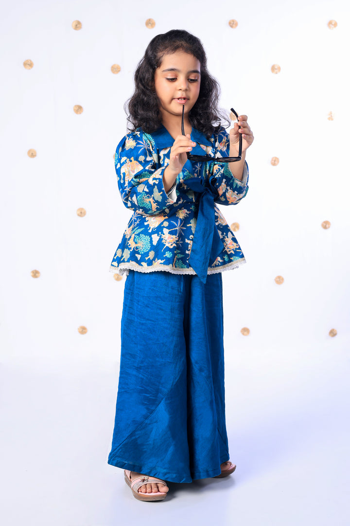 Girls Royal Blue Heritage Print Peplum Top and Palazzo Set - CuddlesClothing