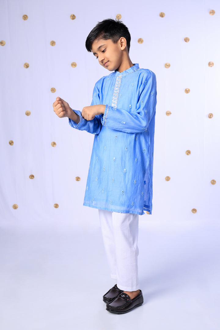 Boys Sky Blue Silk Kurta with Mirror Work and Gota Embroidery - CuddlesClothing