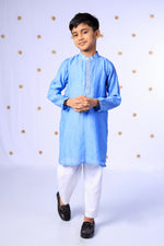 Load image into Gallery viewer, Boys Sky Blue Silk Kurta with Mirror Work and Gota Embroidery - CuddlesClothing