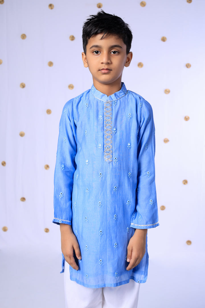 Boys Sky Blue Silk Kurta with Mirror Work and Gota Embroidery - CuddlesClothing