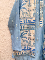 Load image into Gallery viewer, Blue Mul Chanderi Kurta with Attached Muslin Jacket Set
