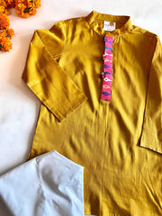 Sunshine Boys Mustard Cotton Satin Kurta Pajama Set - CuddlesClothing