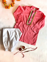 Boys Pink Cotton Kurta Set with Lace Detail - CuddlesClothing