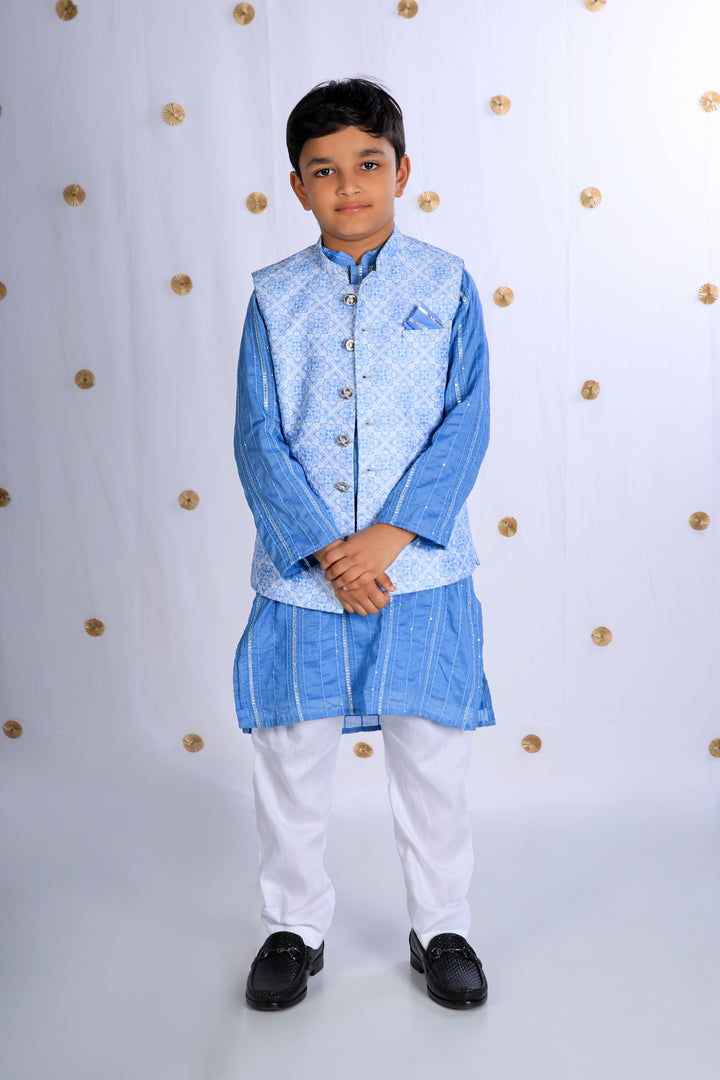 Boys' Blue Kurta Set with Embroidered Jacket - CuddlesClothing