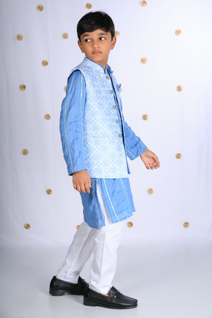 Boys' Blue Kurta Set with Embroidered Jacket - CuddlesClothing