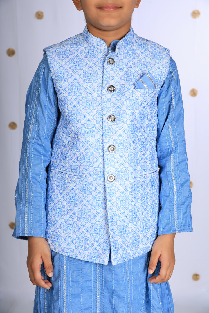 Boys' Blue Kurta Set with Embroidered Jacket - CuddlesClothing