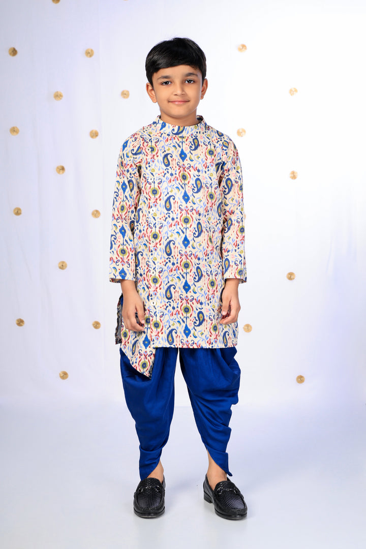 Boys' Cream Ikat Print Asymmetric Kurta and Blue Dhoti Set - CuddlesClothing