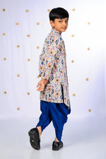 Load image into Gallery viewer, Boys' Cream Ikat Print Asymmetric Kurta and Blue Dhoti Set - CuddlesClothing