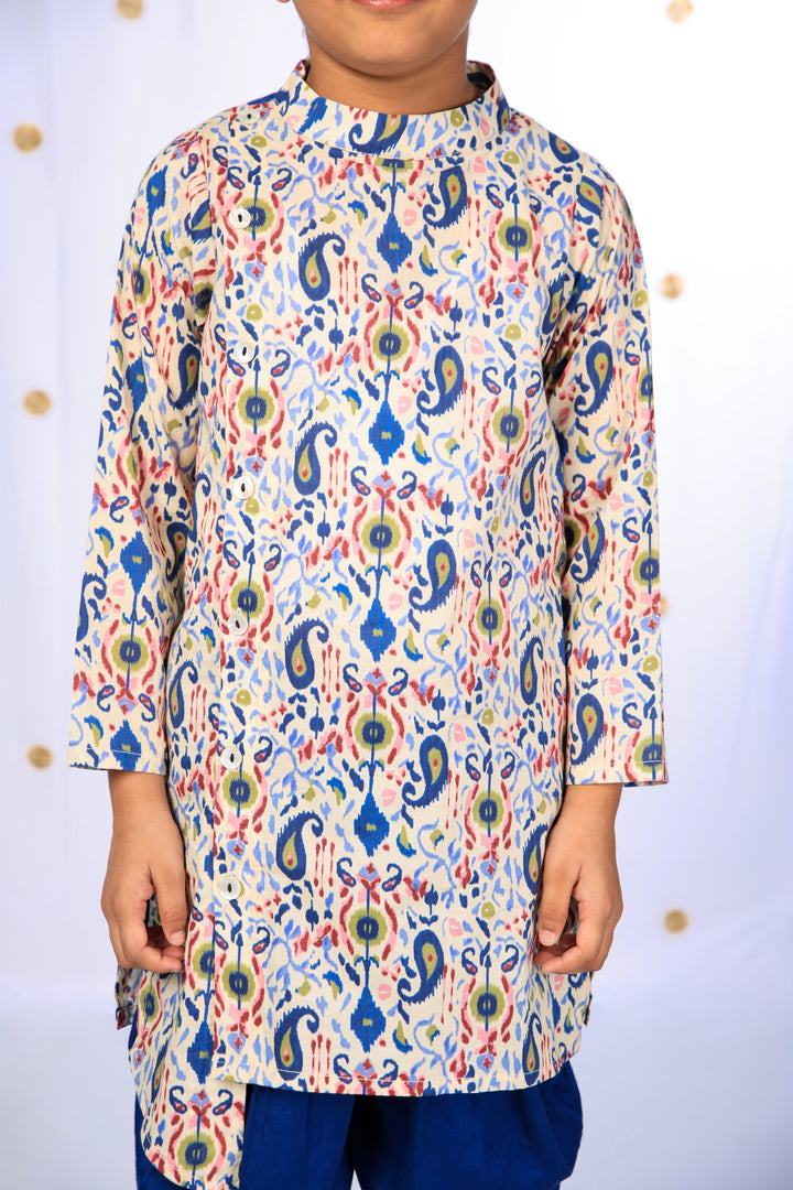 Boys' Cream Ikat Print Asymmetric Kurta and Blue Dhoti Set - CuddlesClothing