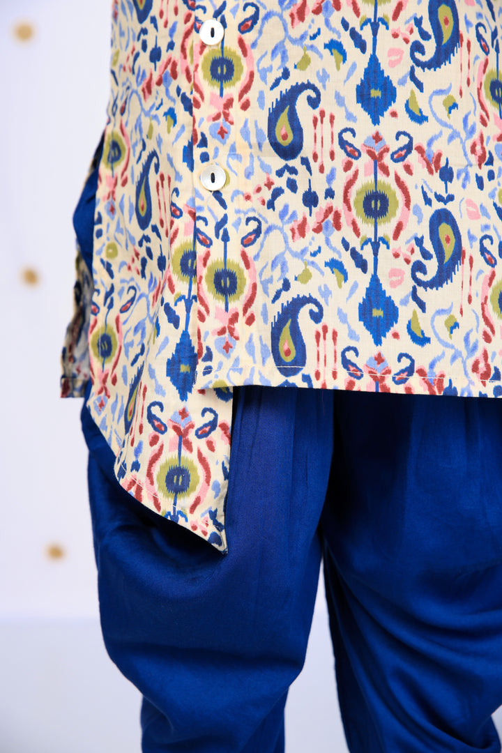 Boys' Cream Ikat Print Asymmetric Kurta and Blue Dhoti Set - CuddlesClothing