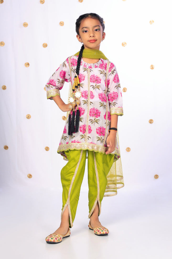 Girls' Floral Kurta & Lime Dhoti Set - CuddlesClothing