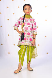 Girls' Floral Kurta & Lime Dhoti Set - CuddlesClothing