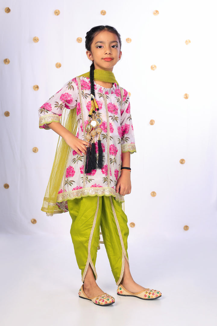 Girls' Floral Kurta & Lime Dhoti Set - CuddlesClothing