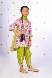 Girls' Floral Kurta & Lime Dhoti Set - CuddlesClothing