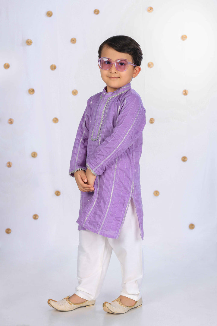Lavender Phoolwari Kurta Set For Boys - CuddlesClothing
