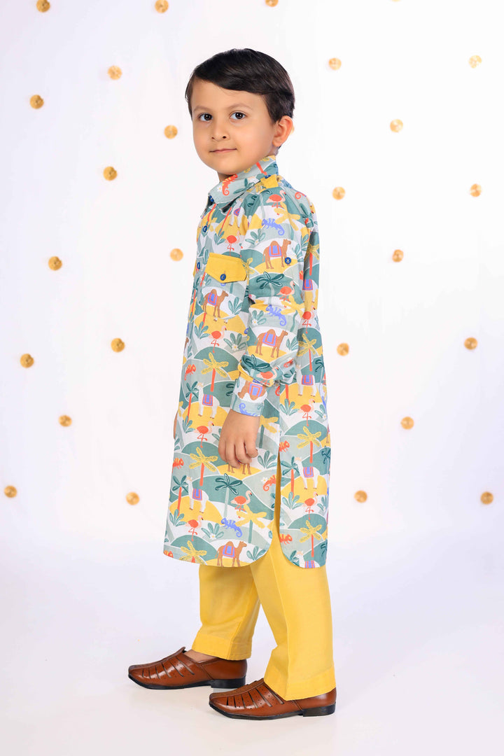 Boys' Safari Print Kurta with Yellow Salwar - CuddlesClothing