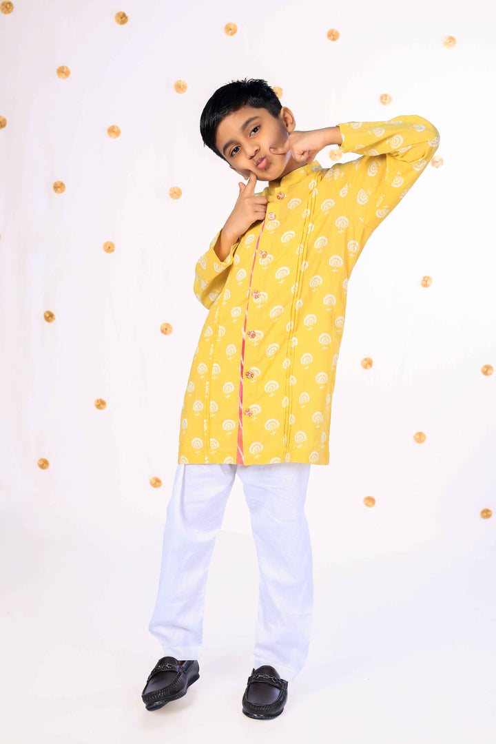 Boys Pastel Yellow Floral Kurta Set - CuddlesClothing
