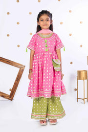 Pink Foil Print Kurta & Lime Green Pant Set for Girls - CuddlesClothing