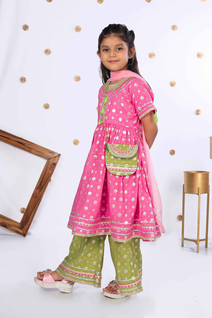 Pink Foil Print Kurta & Lime Green Pant Set for Girls - CuddlesClothing