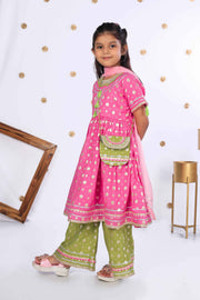 Pink Foil Print Kurta & Lime Green Pant Set for Girls - CuddlesClothing