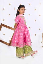 Load image into Gallery viewer, Pink Foil Print Kurta &amp; Lime Green Pant Set for Girls - CuddlesClothing