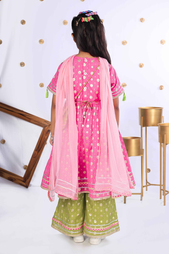 Pink Foil Print Kurta & Lime Green Pant Set for Girls - CuddlesClothing