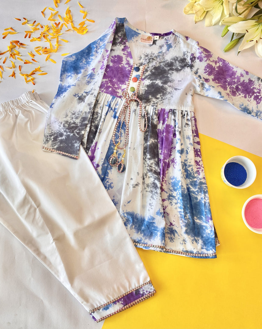 Girls Purple Tie and Dye Kurta & Pant Set - CuddlesClothing