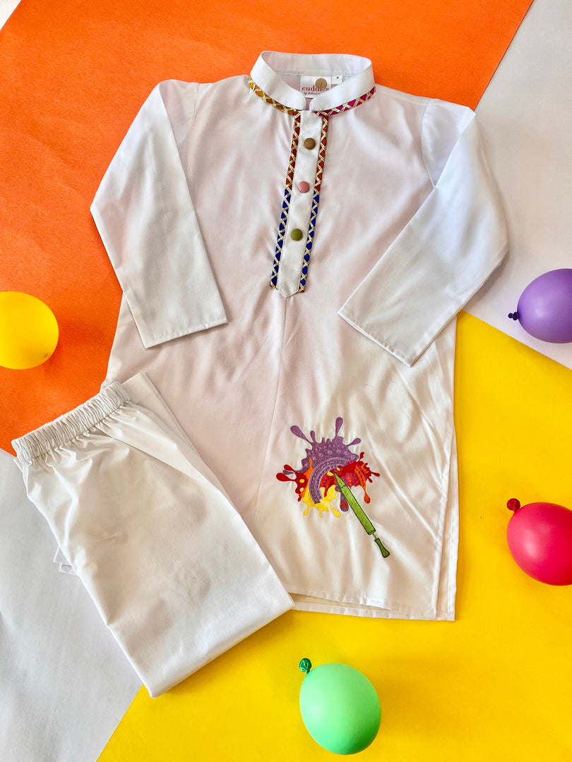 Boys White Cotton Kurta Pajama - Colorful Pichkari Embroidery - CuddlesClothing