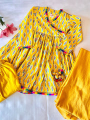 Girls Yellow Ikat Print Angrakha Kurta Set with Dupatta - CuddlesClothing
