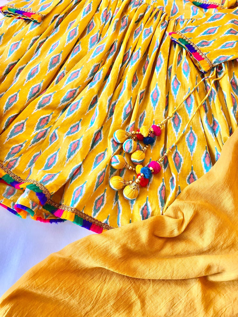 Girls Yellow Ikat Print Angrakha Kurta Set with Dupatta - CuddlesClothing