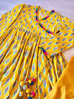 Load image into Gallery viewer, Girls Yellow Ikat Print Angrakha Kurta Set with Dupatta - CuddlesClothing