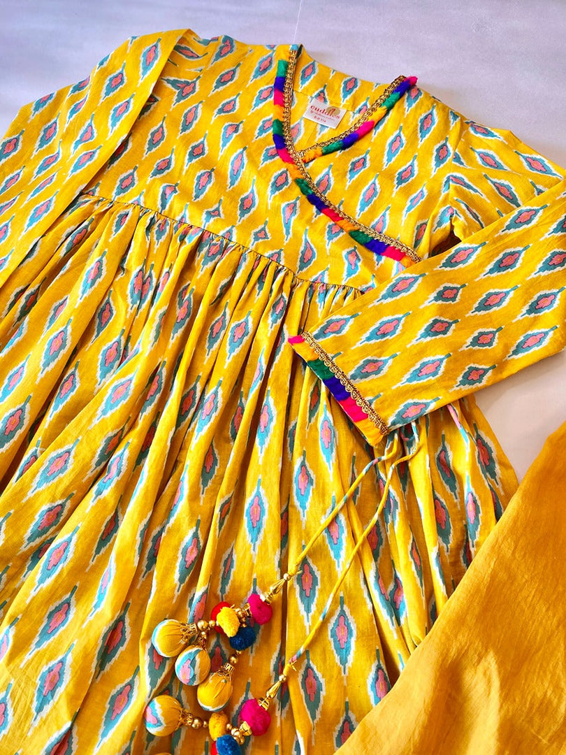 Girls Yellow Ikat Print Angrakha Kurta Set with Dupatta - CuddlesClothing