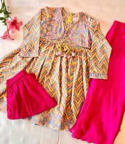 Girls Cotton Zig-Zag Print Anarkali Kurta Set with Dupatta - CuddlesClothing