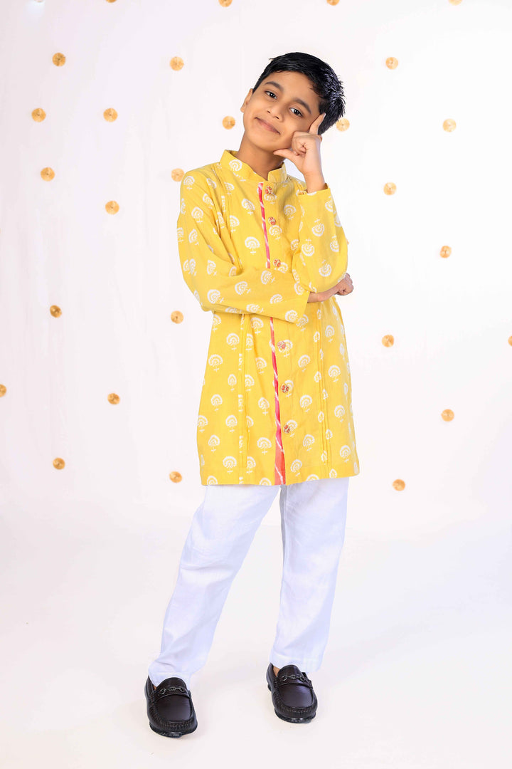 Boys Pastel Yellow Floral Kurta Set - CuddlesClothing