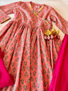 Pink Printed Angrakha Style Anarkali Set With Pajami and Dupatta