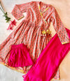 Pink Printed Angrakha Style Anarkali Set With Pajami and Dupatta