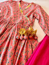 Pink Printed Angrakha Style Anarkali Set With Pajami and Dupatta