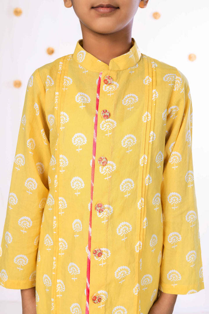 Boys Pastel Yellow Floral Kurta Set - CuddlesClothing