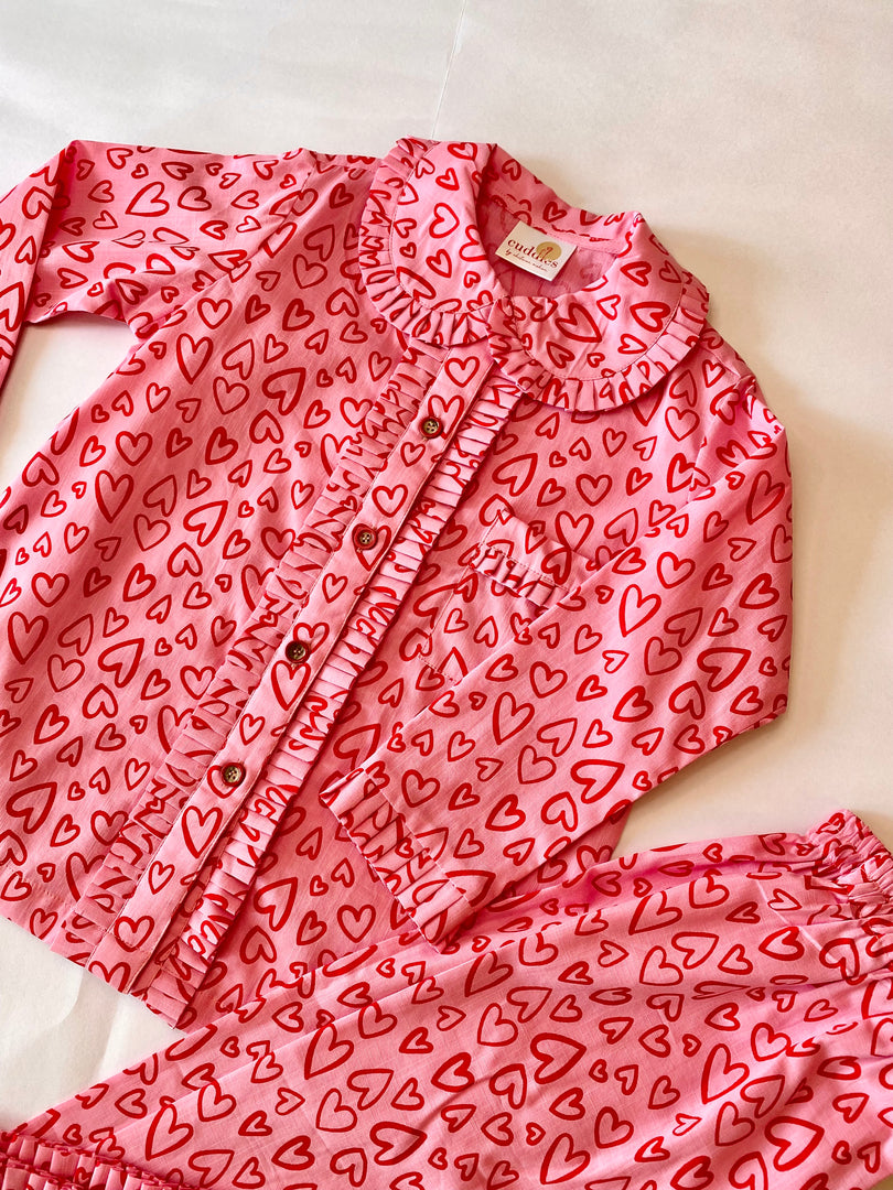 Pink Heart Print Kids Cotton Nightsui - CuddlesClothing