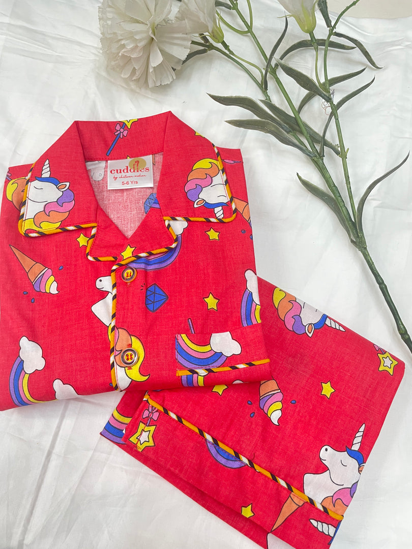 Red Unicorn Cotton Nightsuit for Kids - CuddlesClothing