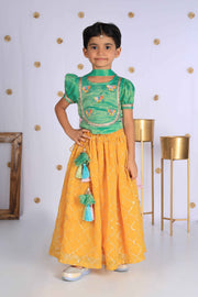 Girls' Green Embroidered Choli & Yellow Lehenga - CuddlesClothing