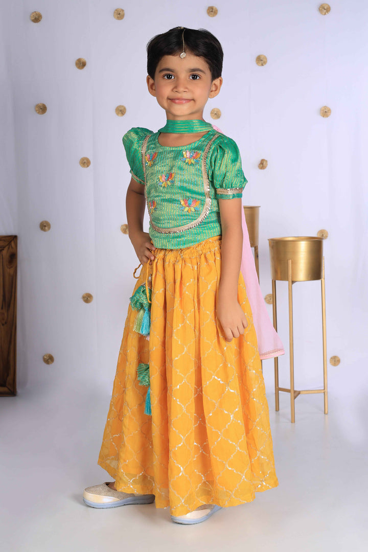 Girls' Green Embroidered Choli & Yellow Lehenga - CuddlesClothing