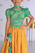Load image into Gallery viewer, Girls' Green Embroidered Choli &amp; Yellow Lehenga - CuddlesClothing