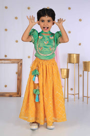 Girls' Green Embroidered Choli & Yellow Lehenga - CuddlesClothing