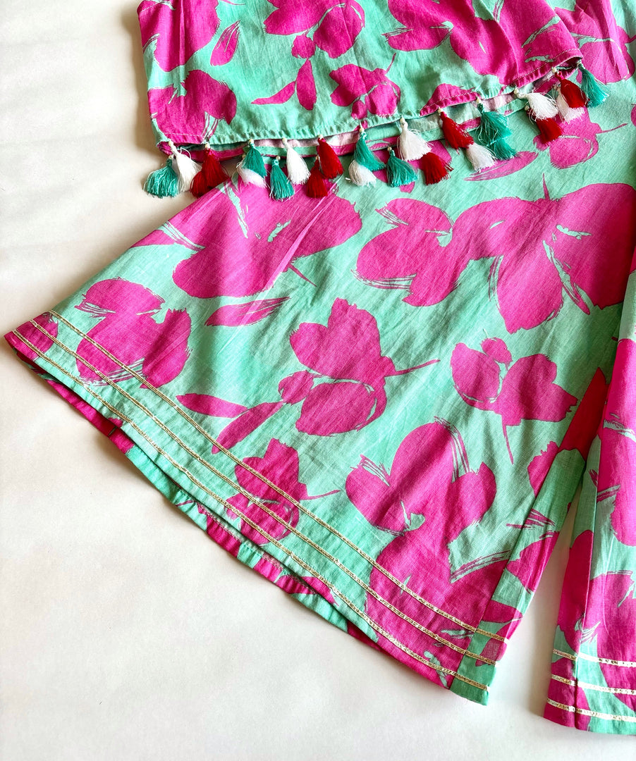 Girls Sky Blue & Pink Floral Crop Top and Sharara Set - CuddlesClothing