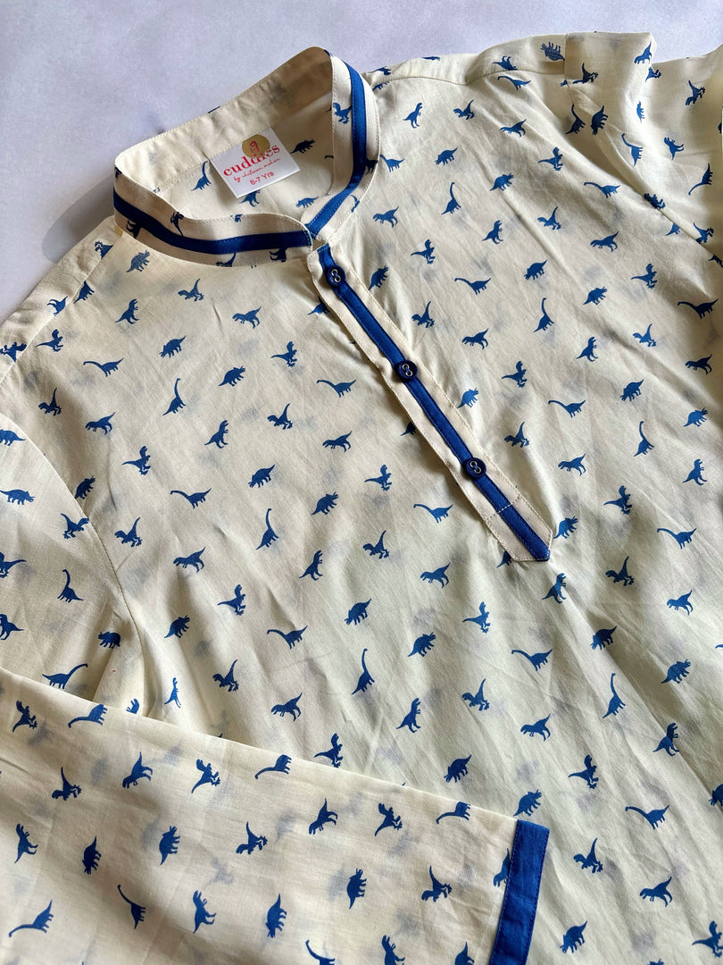 Boys White & Blue Dinosaur Print Cotton Kurta - CuddlesClothing