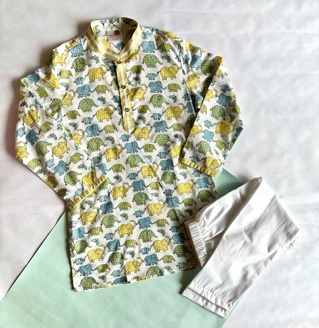 Boys Yellow & Blue Elephant Print Cotton Kurta Set - CuddlesClothing