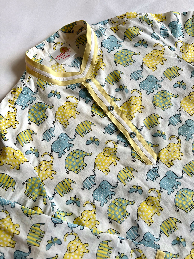 Boys Yellow & Blue Elephant Print Cotton Kurta Set - CuddlesClothing